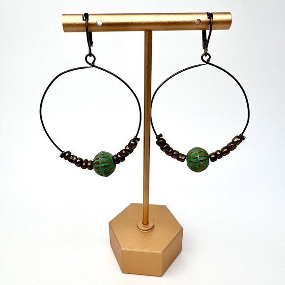 Antique Style Brass Beaded Hoop Earrings Pierced Ears - Picture 2 of 8